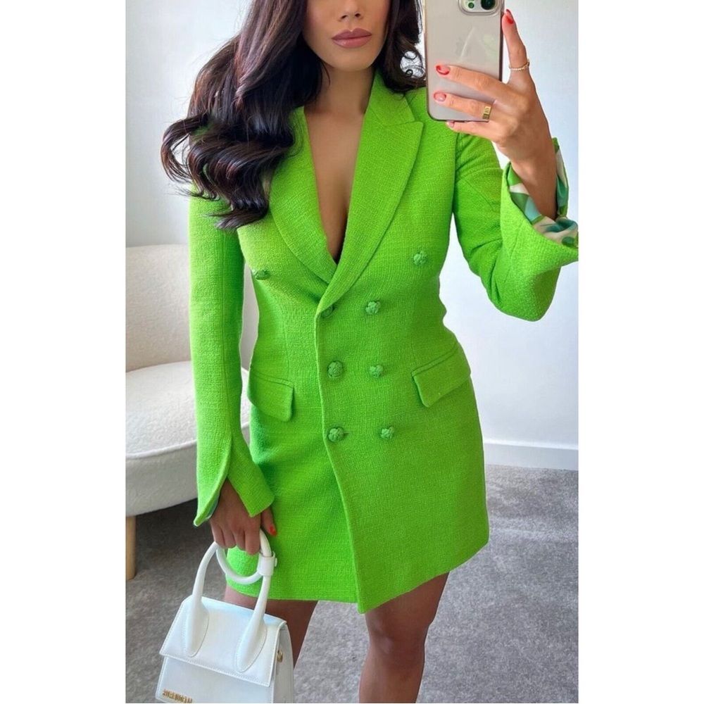 Zara Neon Green Double-Breasted Blazer Dress - Picture 3 of 12